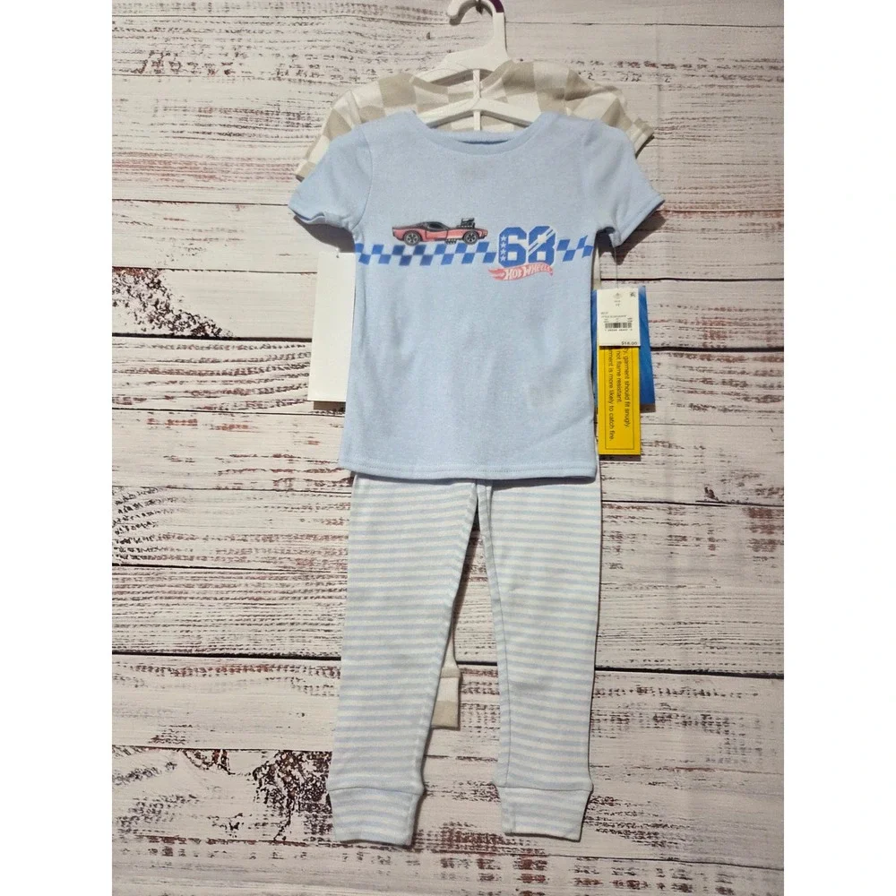 Hot Wheels Boys 4-Piece Pajama Set Blue Checkered Cotton 3T Unisex
